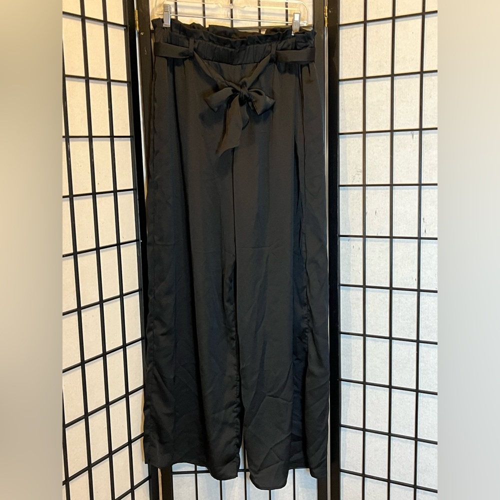 Black Flowy Wide-Leg Satin Elastic Waist Pants w Tie Sz XL Palazzo